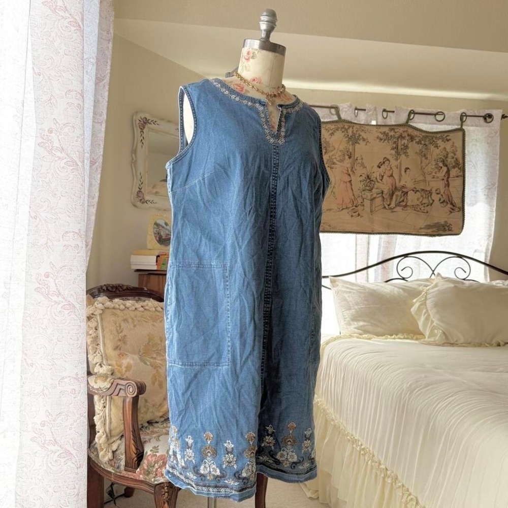 J jill denim vintage floral embroided jean‎ dress 1X